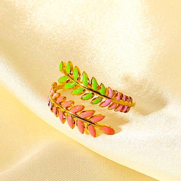 Gold Plated Leaf Design Multicolor Bangle Bracelet Ring Set - Picture 8 of 15